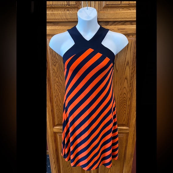 Lauren by Ralph Lauren Navy Blue & Orange Striped Midi Dress, Size Large - Picture 2 of 8